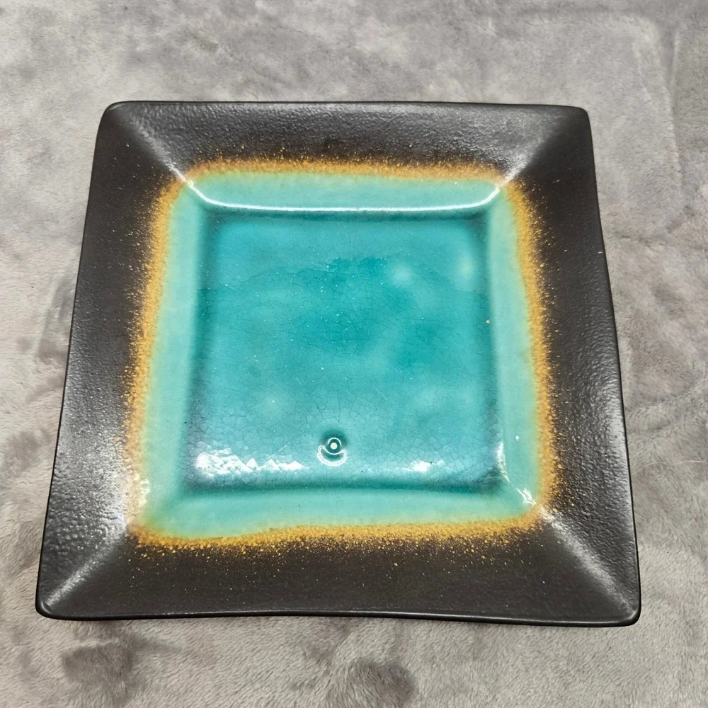 Square Ceramic‎ Plate Turquoise Black Reactive Glaze K34138 8.25in